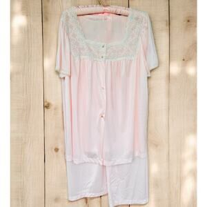 Vintage Vanity Fair Womens Pink All Nylon 2 Pc Pajama Set XL Top Pants Lace